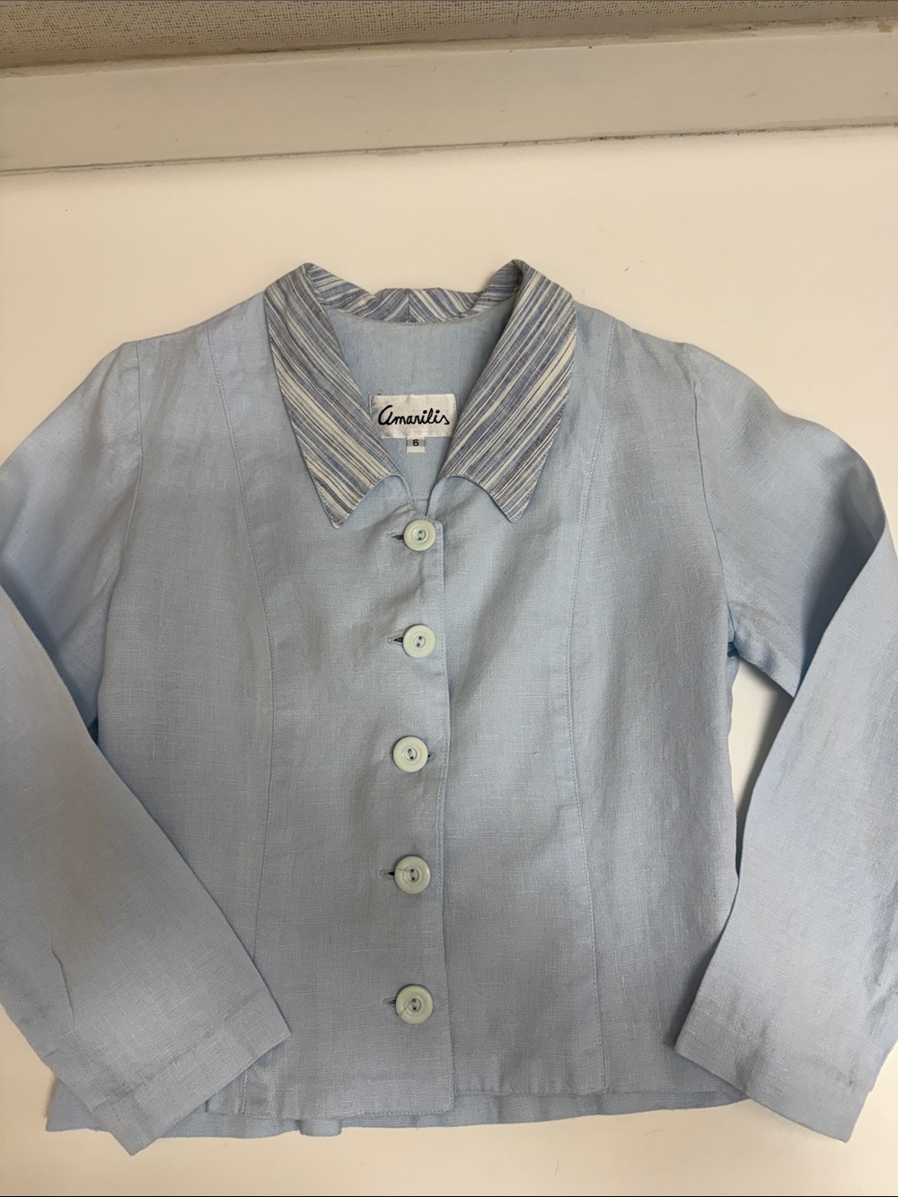 Amaryllis Linen Light Blue Button-Front Blazer with Striped Collar